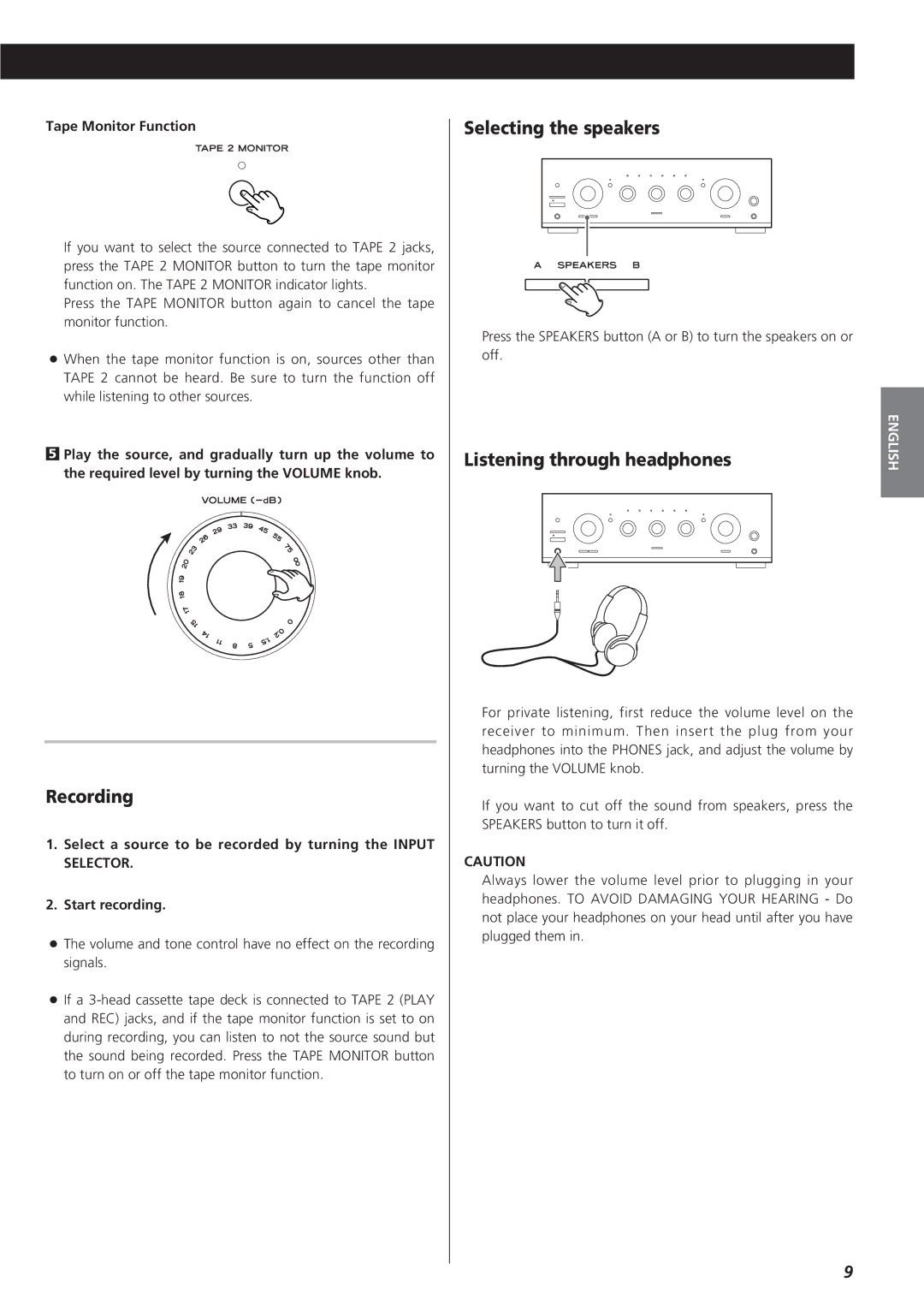 Teac A-R610 owner manual Recording, Selecting the speakers, Listening through headphones, Tape Monitor Function 