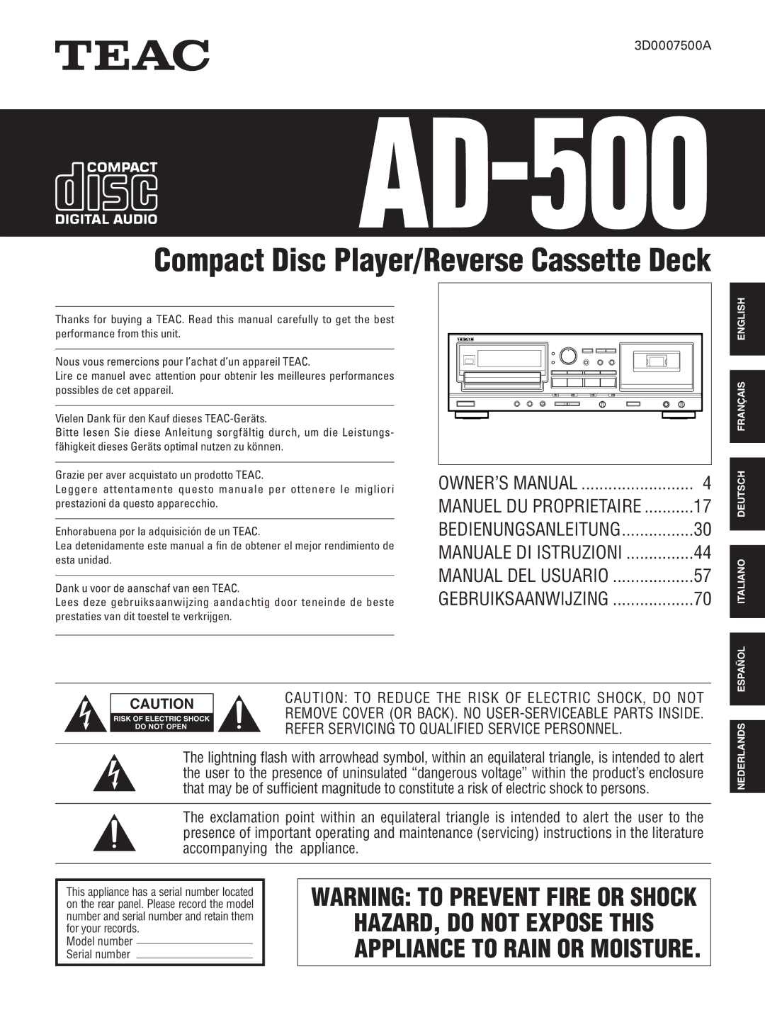 Teac AD-500 owner manual Ad-500 