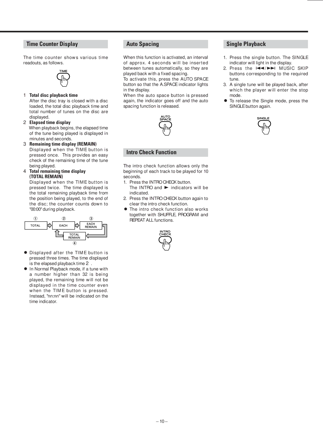 Teac AD-500 owner manual Time Counter Display, Auto Spacing, Single Playback, Intro Check Function 