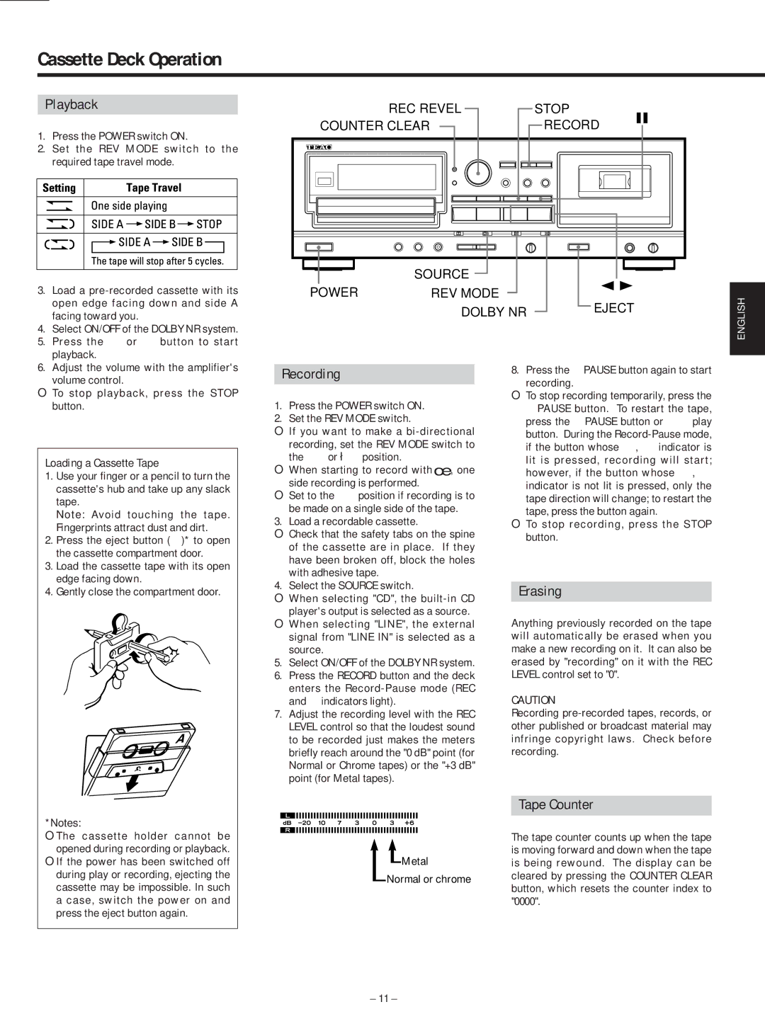 Teac AD-500 owner manual Cassette Deck Operation, Playback, Recording, Erasing, Tape Counter 