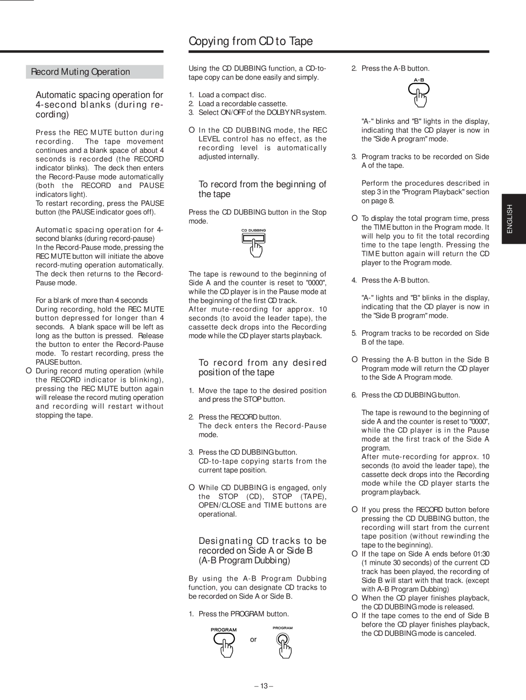 Teac AD-500 owner manual Copying from CD to Tape, ∑ To record from the beginning of the tape 