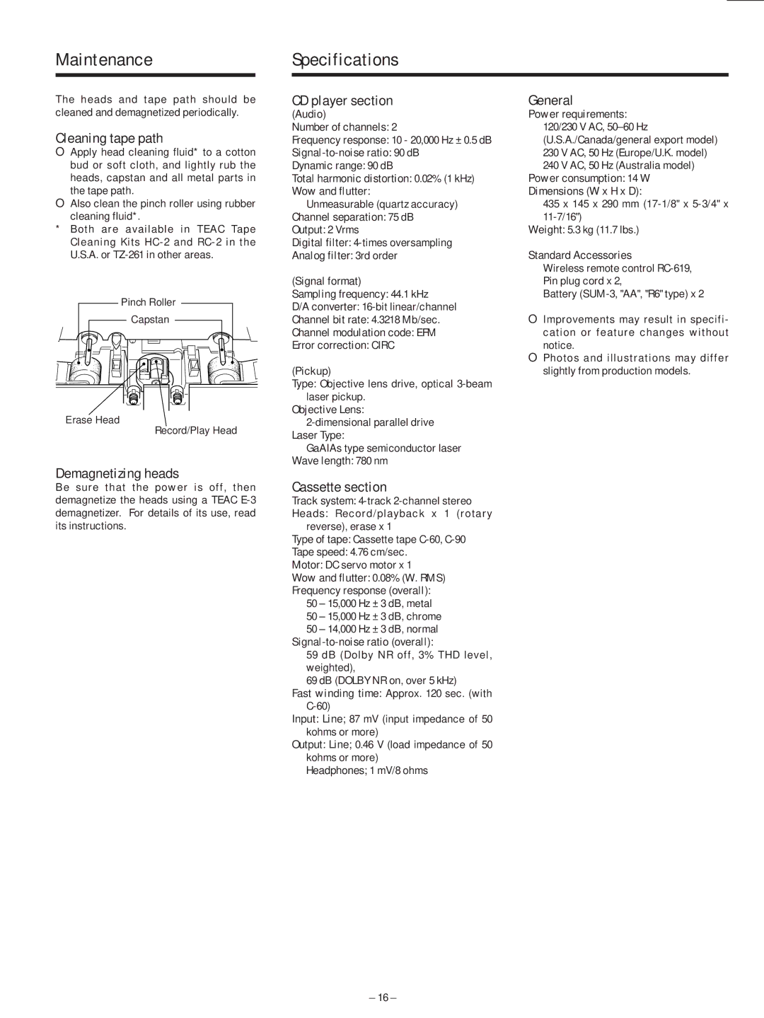 Teac AD-500 owner manual Maintenance Specifications 