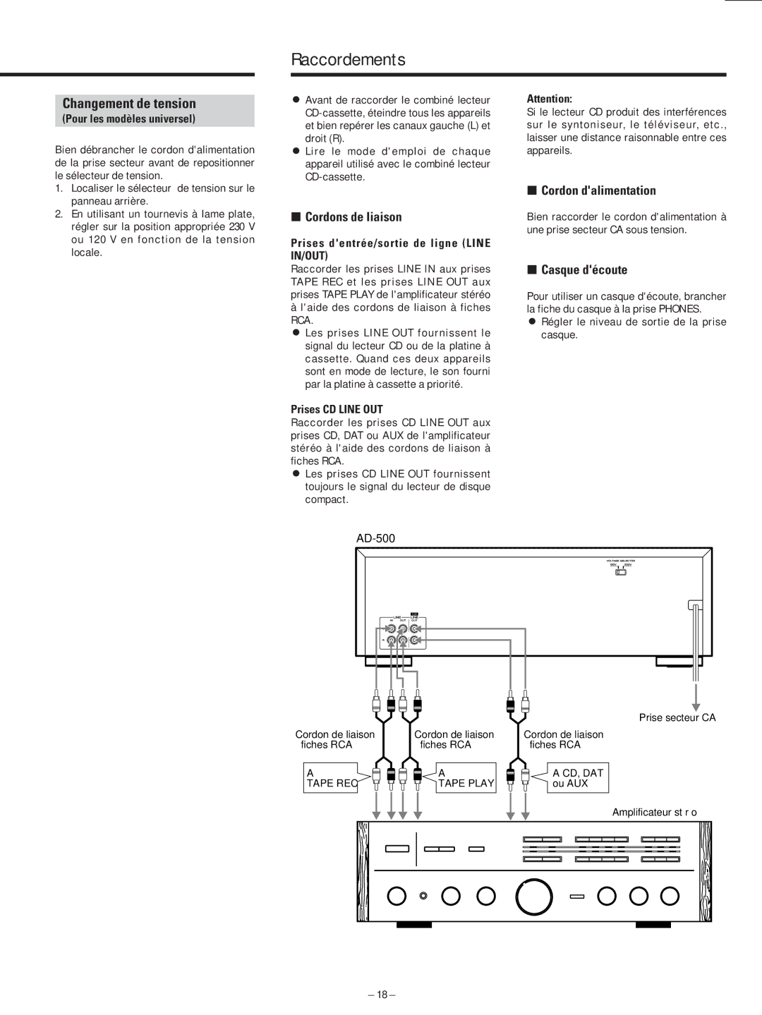 Teac AD-500 Raccordements, Changement de tension, ∑ Cordons de liaison, ∑ Cordon dalimentation, ∑ Casque découte 