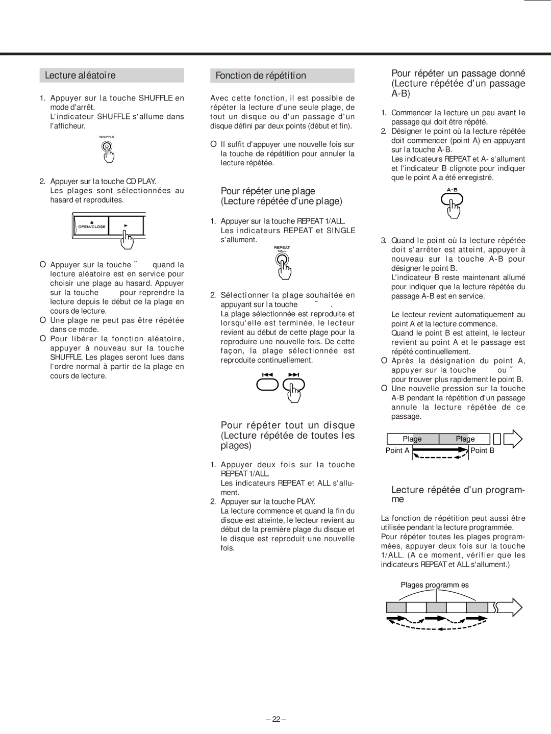 Teac AD-500 owner manual Lecture aléatoire, Fonction de répétition, ∑ Lecture répétée dun program- me 