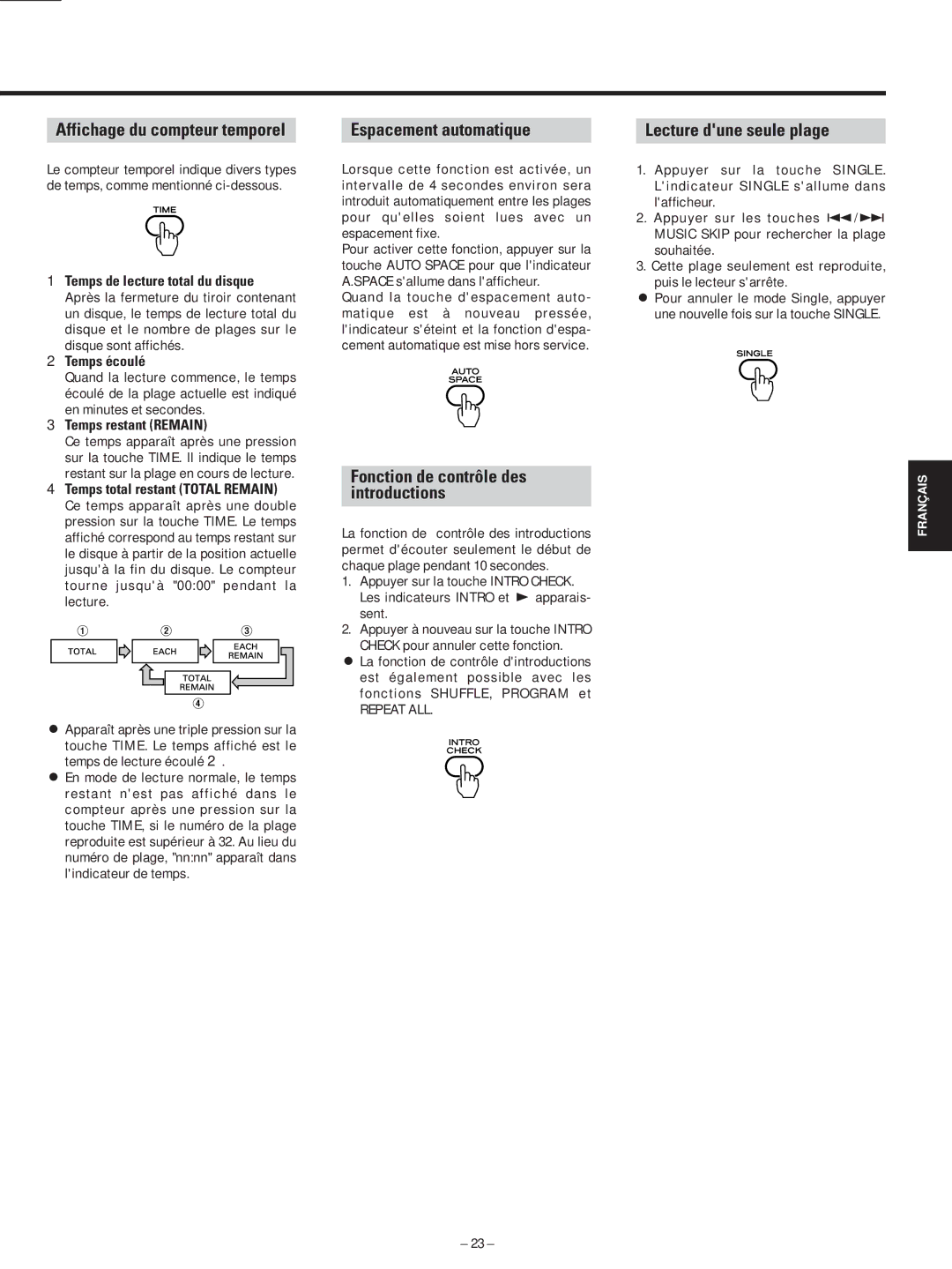 Teac AD-500 owner manual Affichage du compteur temporel, Espacement automatique, Fonction de contrôle des introductions 