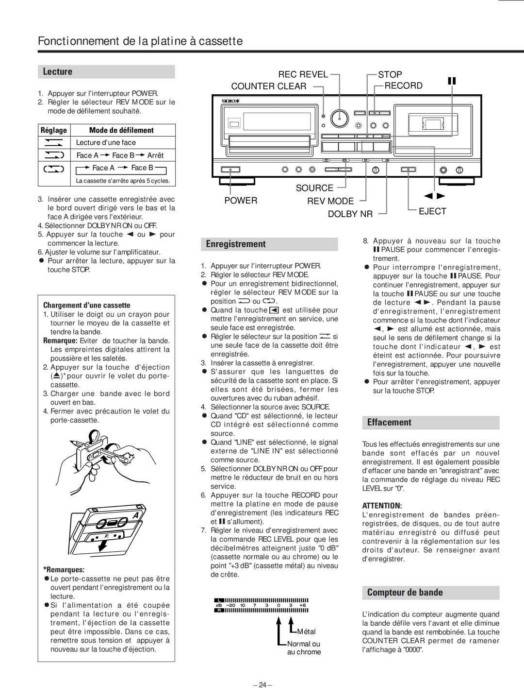 Teac AD-500 owner manual Fonctionnement de la platine à cassette, Lecture, Enregistrement, Effacement, Compteur de bande 