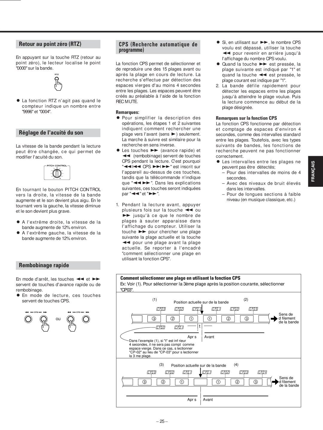 Teac AD-500 owner manual Retour au point zéro RTZ, Réglage de lacuité du son, Rembobinage rapide 