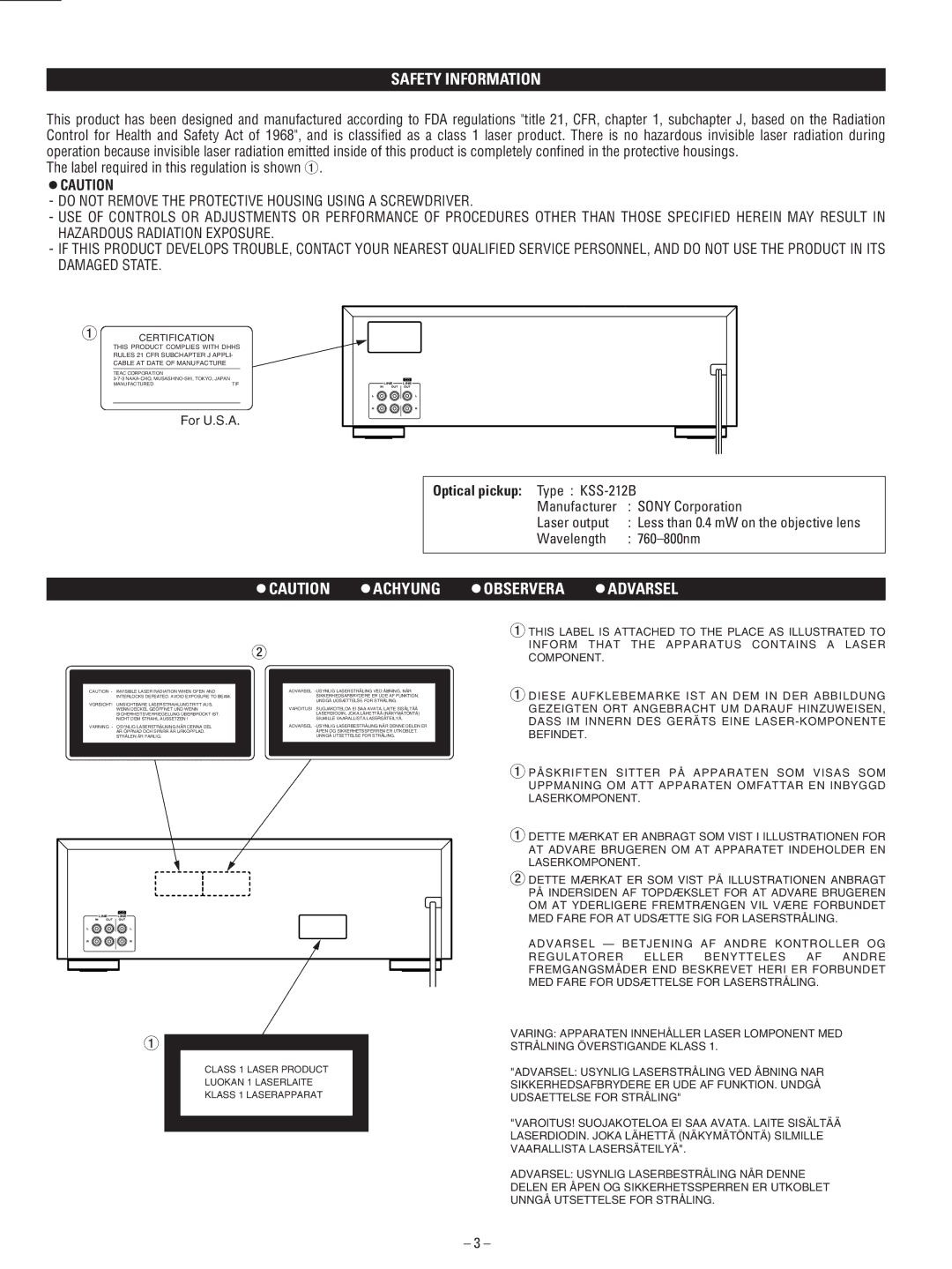 Teac AD-500 owner manual Optical pickup Type KSS-212B, Manufacturer Sony Corporation Laser output, Wavelength 760 800nm 