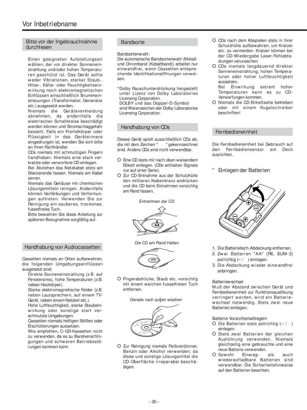 Teac AD-500 owner manual Vor Inbetriebname 