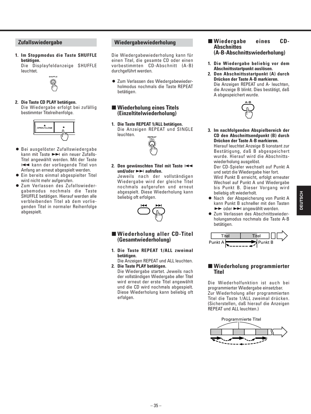 Teac AD-500 owner manual Zufallswiedergabe, Wiedergabewiederholung, ∑ Wiederholung programmierter Titel 