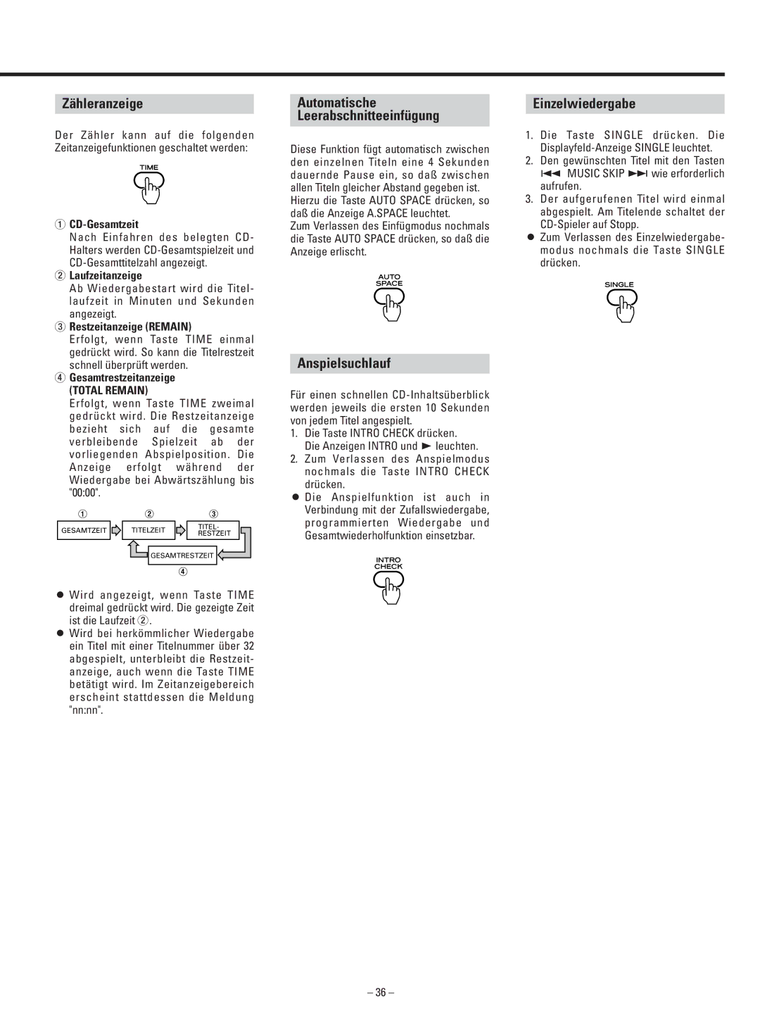 Teac AD-500 owner manual Zähleranzeige, Automatische Leerabschnitteeinfügung, Anspielsuchlauf, Einzelwiedergabe 