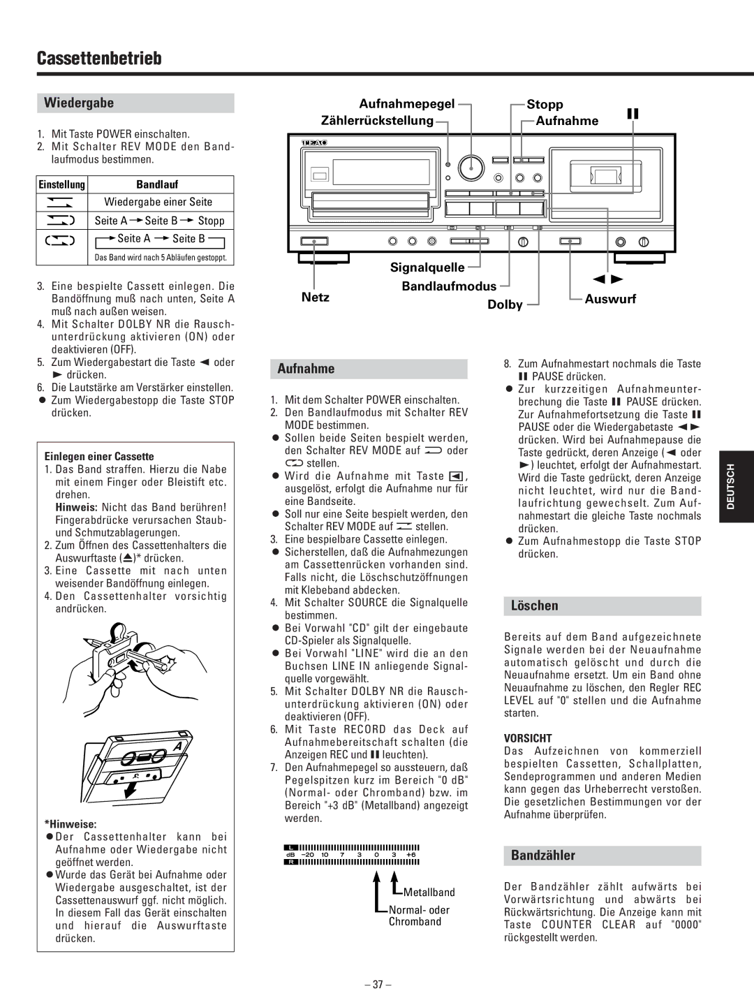 Teac AD-500 owner manual Cassettenbetrieb, Wiedergabe, Aufnahme, Löschen, Bandzähler 