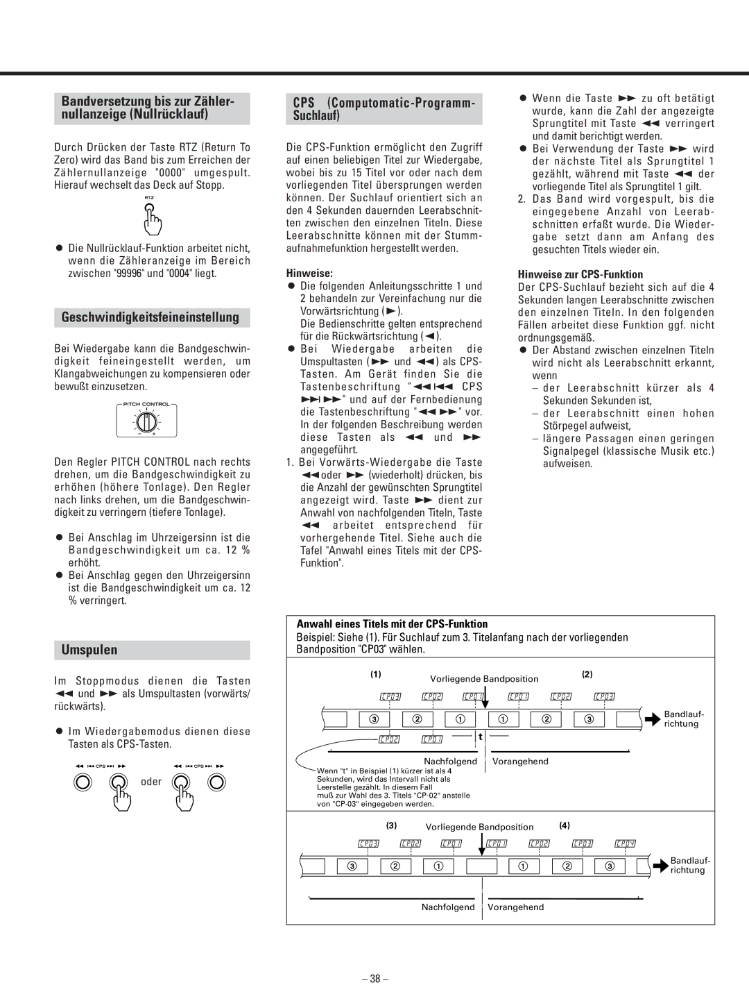 Teac AD-500 owner manual Geschwindigkeitsfeineinstellung, Umspulen 