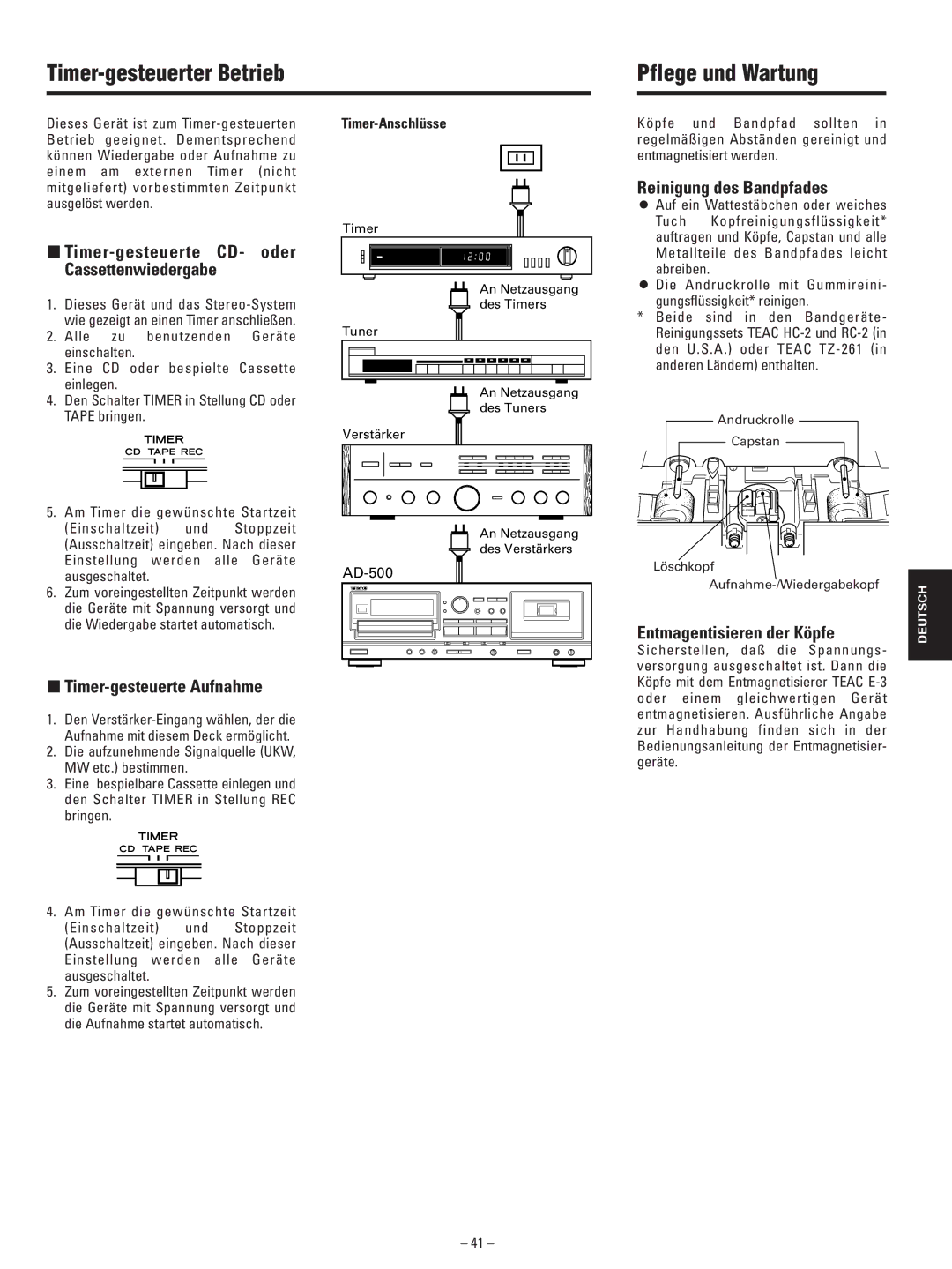 Teac AD-500 owner manual Timer-gesteuerter Betrieb, Pflege und Wartung 