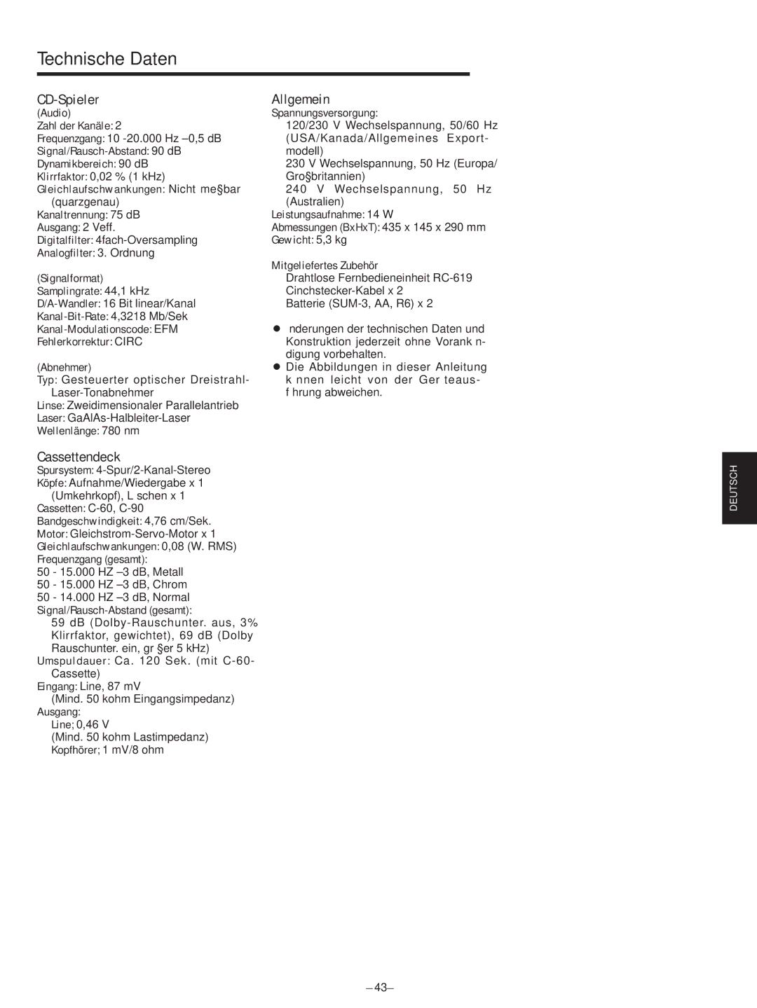 Teac AD-500 owner manual Technische Daten, CD-Spieler, Allgemein, Cassettendeck 