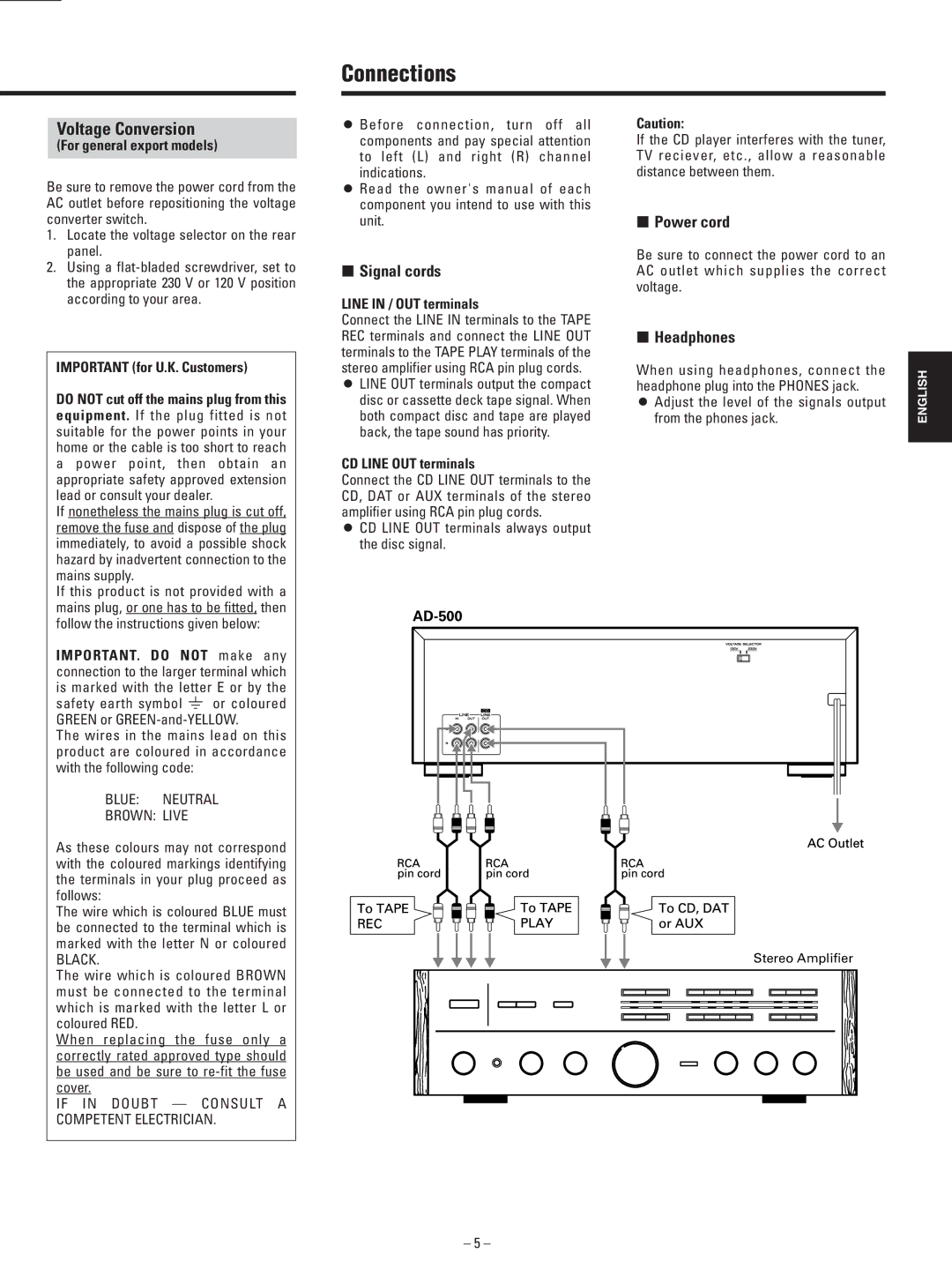 Teac AD-500 owner manual Connections, Voltage Conversion, ∑ Signal cords, ∑ Power cord, ∑ Headphones 