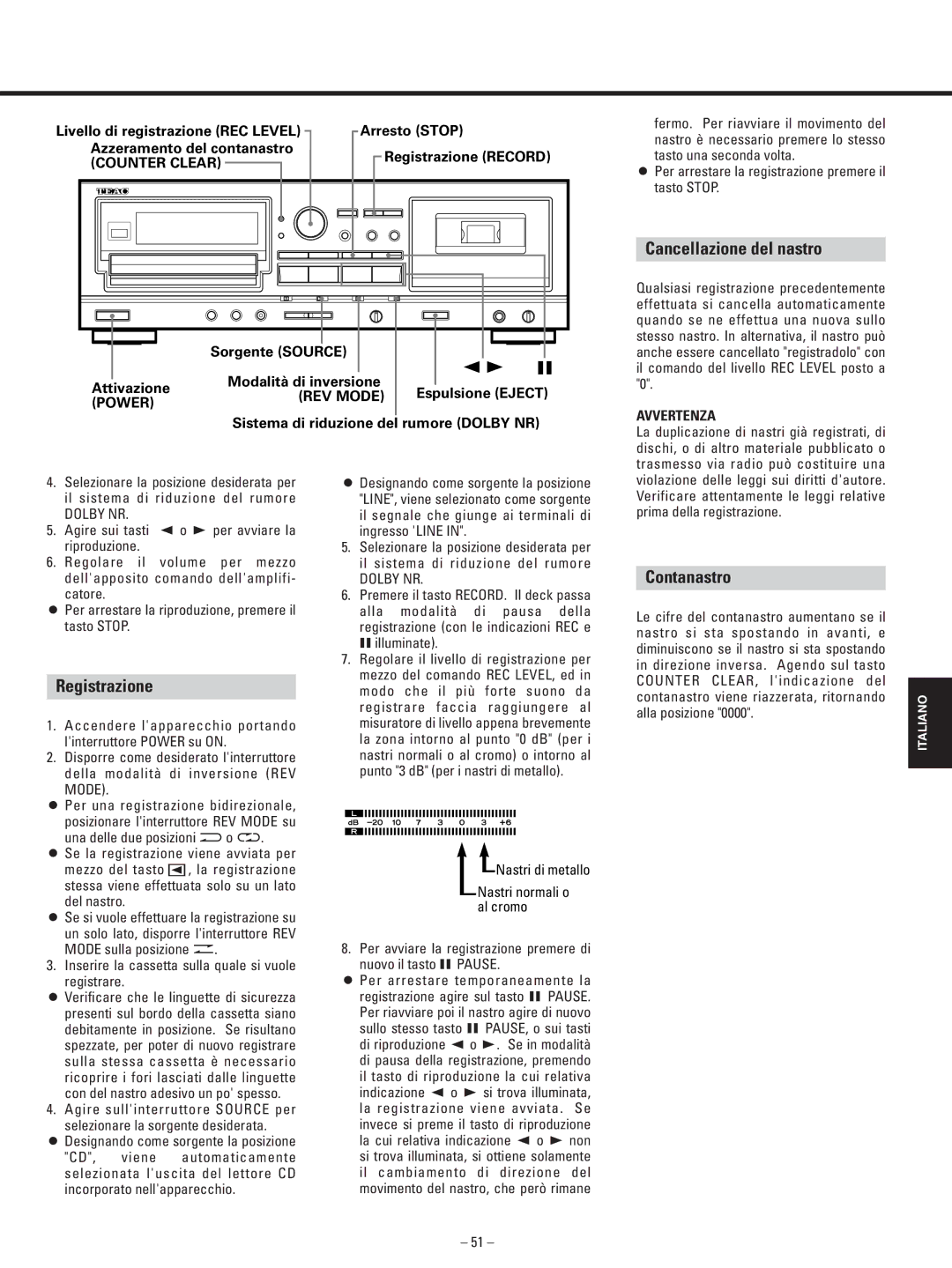 Teac AD-500 owner manual Cancellazione del nastro, Registrazione, Contanastro, Sistema di riduzione del rumore Dolby NR 