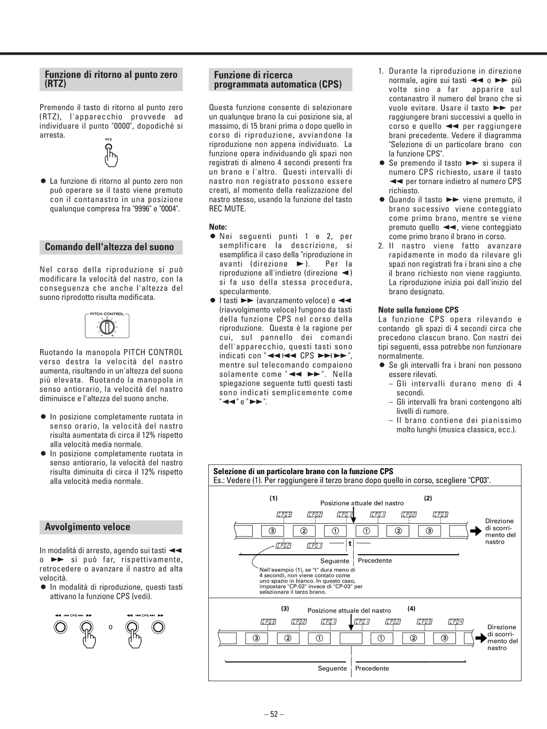 Teac AD-500 owner manual Funzione di ritorno al punto zero RTZ, Comando dellaltezza del suono, Avvolgimento veloce 