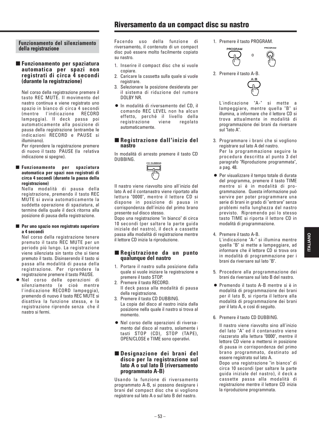 Teac AD-500 owner manual Riversamento da un compact disc su nastro, ∑ Registrazione dallinizio del nastro 