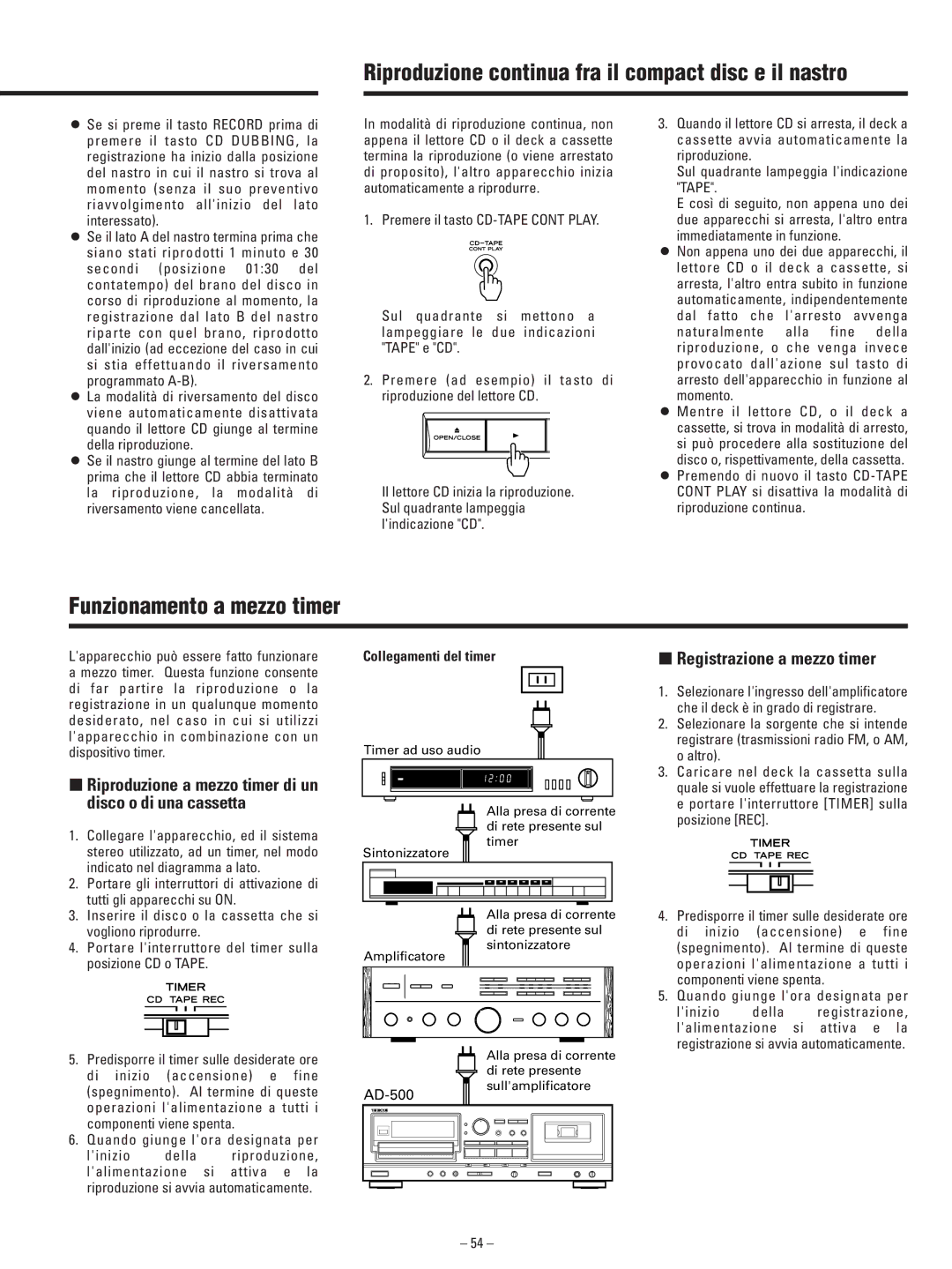 Teac AD-500 Riproduzione continua fra il compact disc e il nastro, Funzionamento a mezzo timer, Collegamenti del timer 