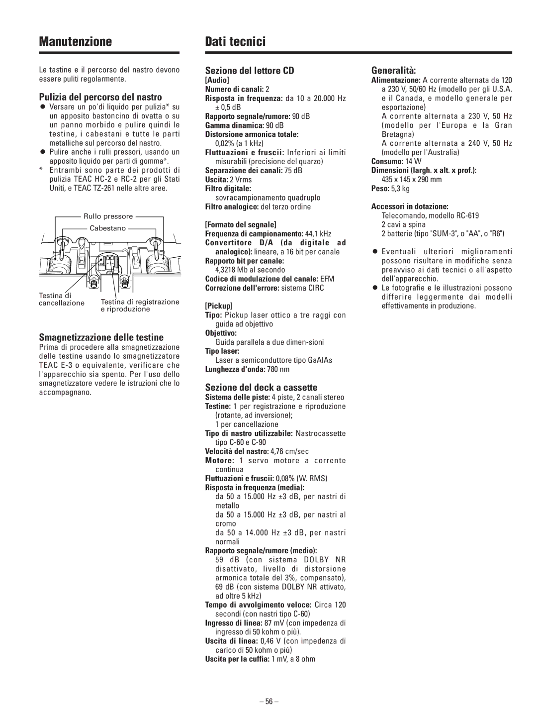 Teac AD-500 owner manual Manutenzione Dati tecnici 