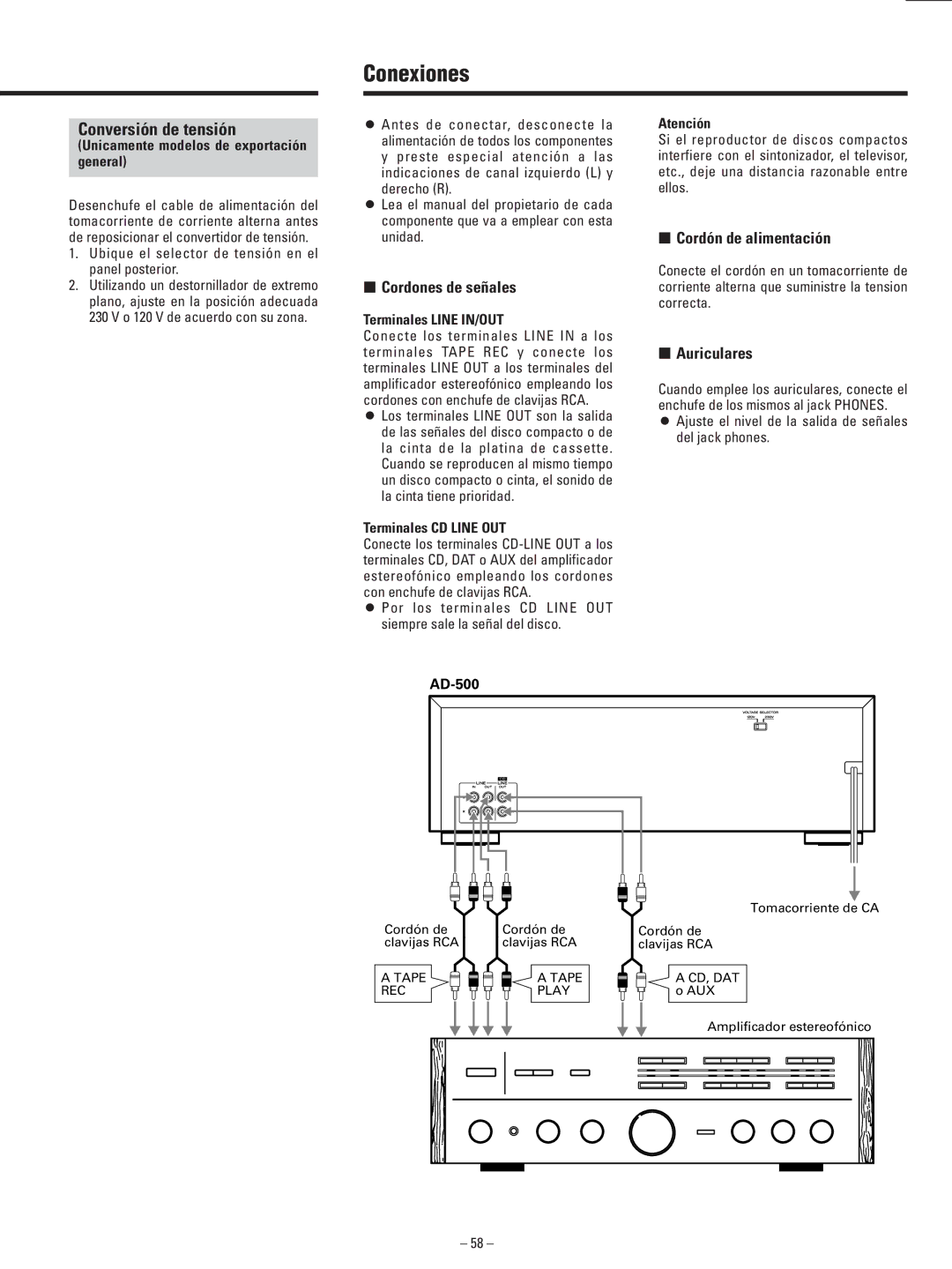 Teac AD-500 owner manual Conexiones, Conversión de tensión, ∑ Cordones de señales, ∑ Cordón de alimentación, ∑ Auriculares 