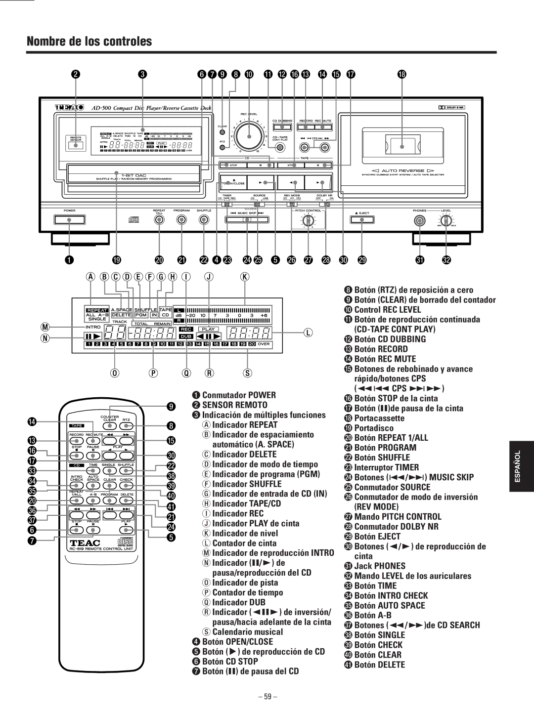 Teac AD-500 Nombre de los controles, Conmutador Power, Indicador Delete, Botones /Òde CD Search , Botón Single 