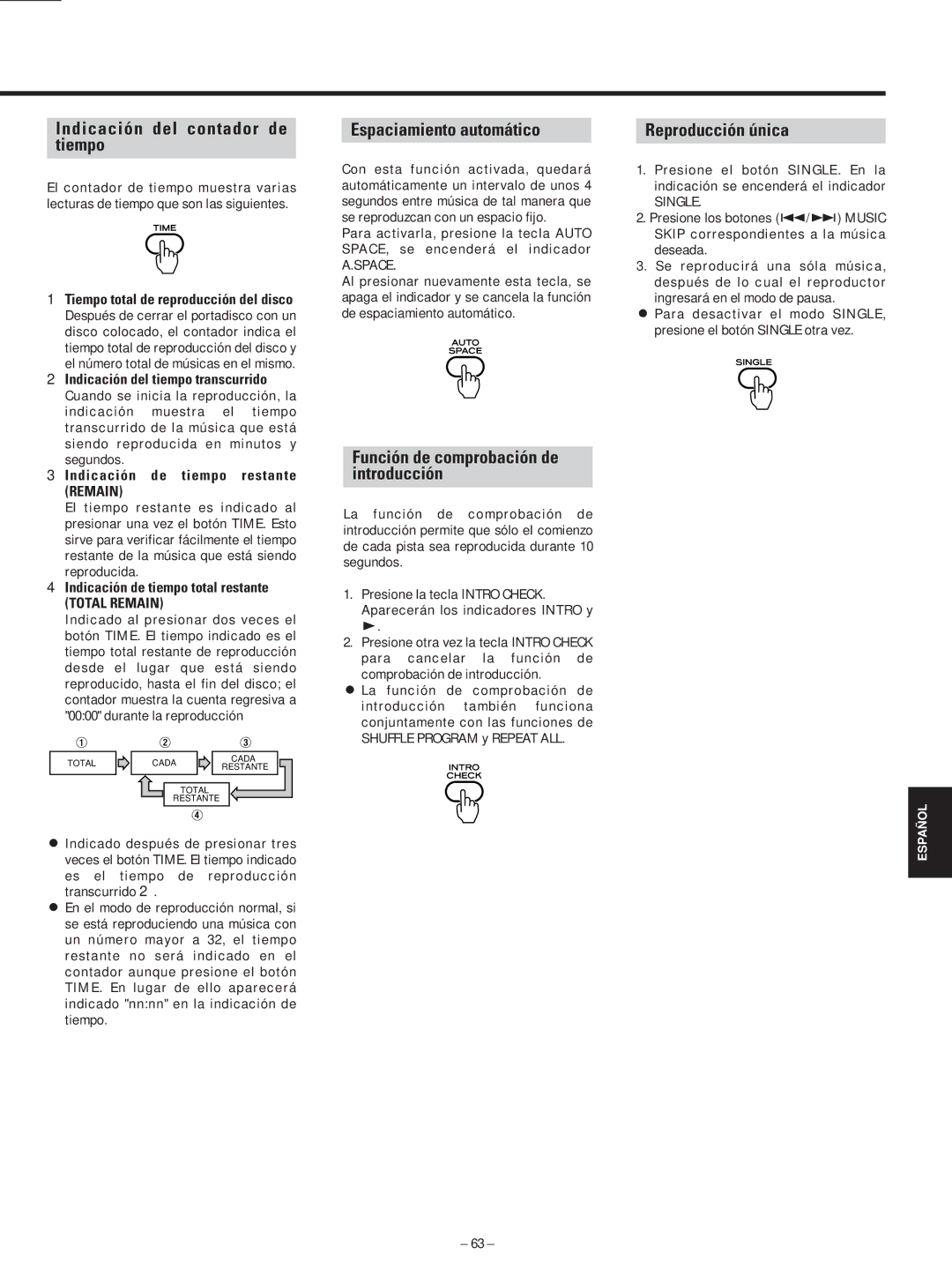 Teac AD-500 owner manual Indicación del contador de tiempo, Espaciamiento automático, Reproducción única 