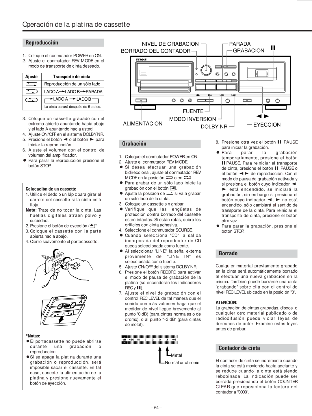 Teac AD-500 owner manual Operación de la platina de cassette, Reproducción, Grabación, Borrado, Contador de cinta 