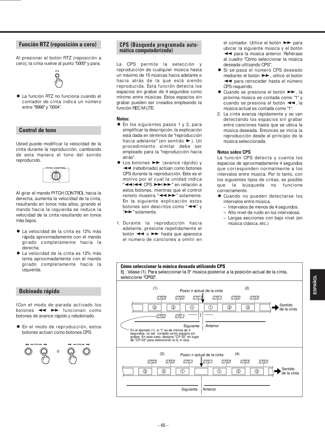 Teac AD-500 owner manual Función RTZ reposición a cero, Control de tono, Bobinado rápido, Notas sobre CPS 