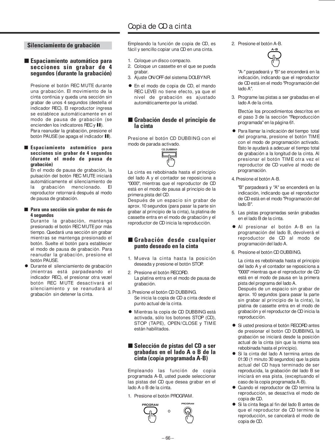 Teac AD-500 owner manual Copia de CD a cinta, Silenciamiento de grabación, ∑ Grabación desde el principio de la cinta 