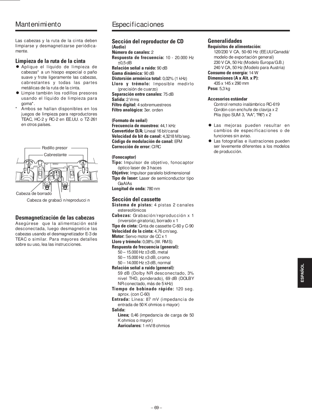 Teac AD-500 owner manual Mantenimiento Especificaciones 