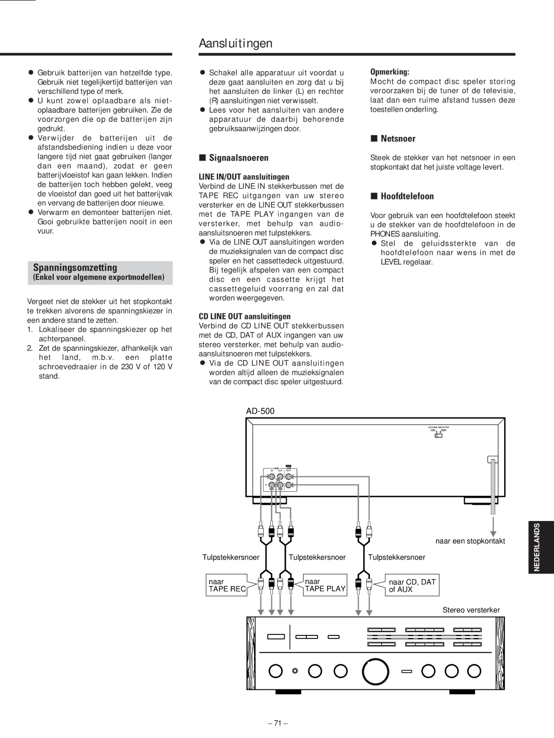 Teac AD-500 owner manual Aansluitingen, Spanningsomzetting, ∑ Signaalsnoeren, ∑ Netsnoer, ∑ Hoofdtelefoon 