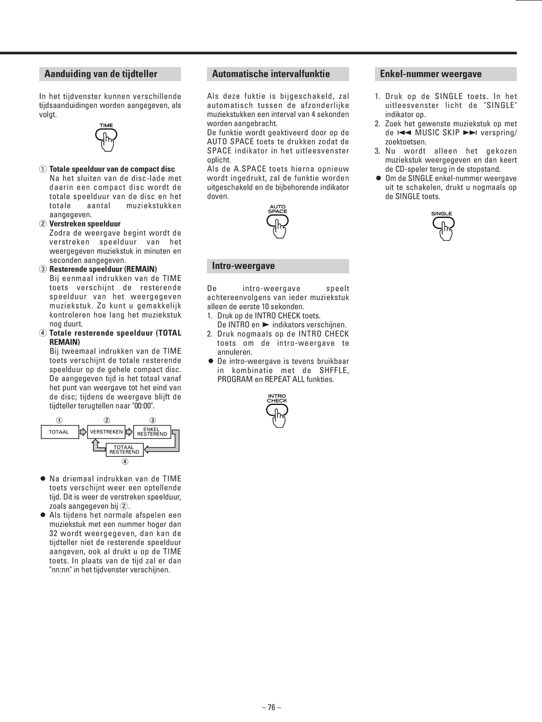 Teac AD-500 owner manual Aanduiding van de tijdteller, Automatische intervalfunktie, Enkel-nummer weergave, Intro-weergave 