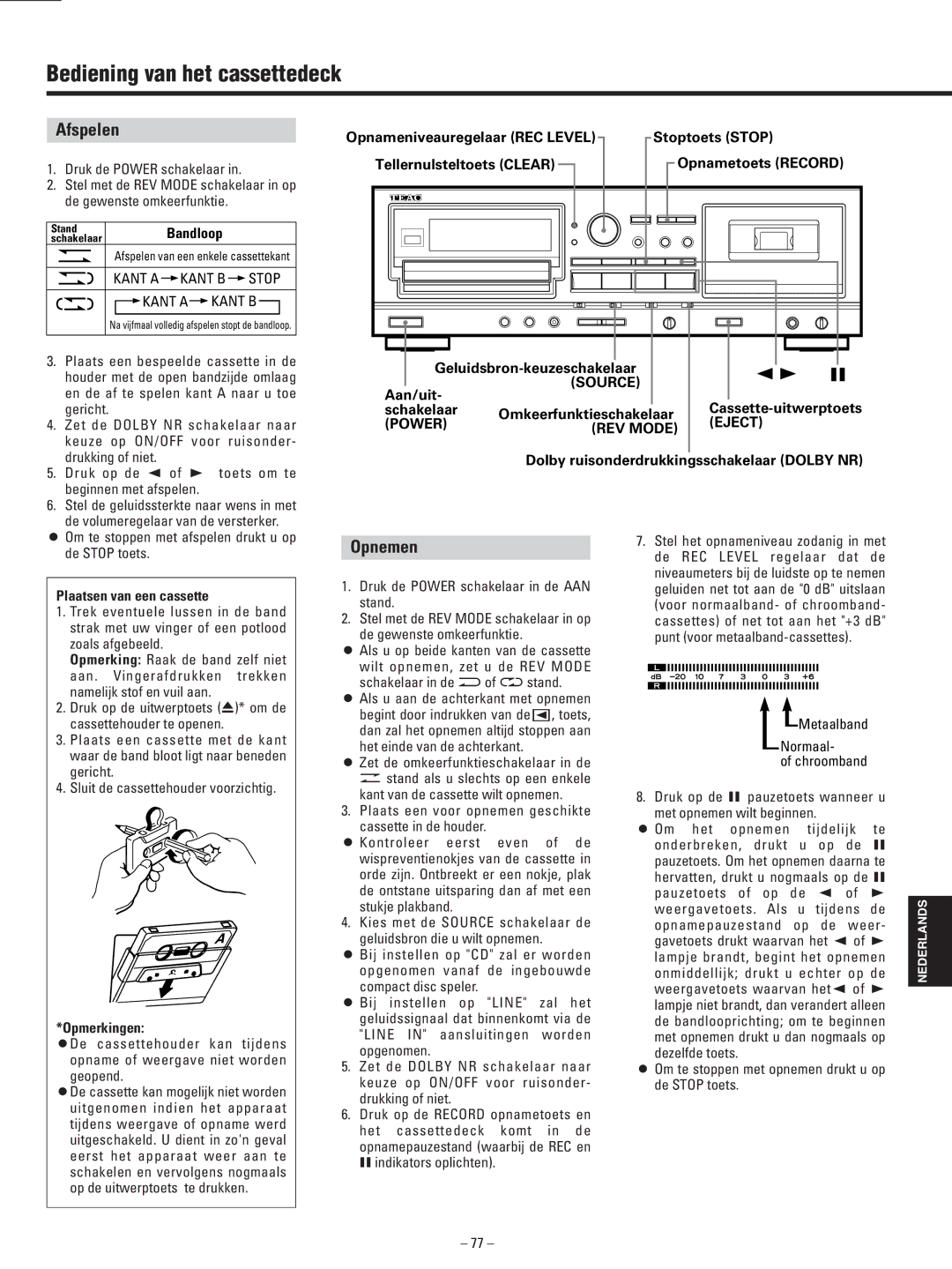 Teac AD-500 owner manual Bediening van het cassettedeck, Afspelen, Opnemen 