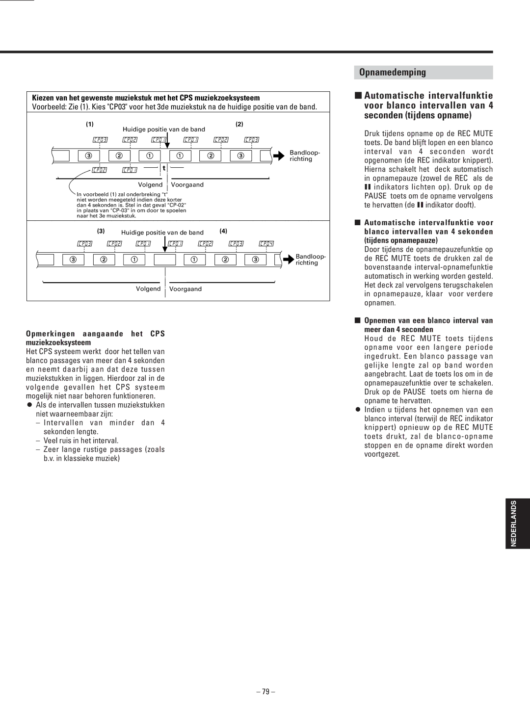 Teac AD-500 owner manual Opnamedemping, Opmerkingen aangaande het CPS muziekzoeksysteem 