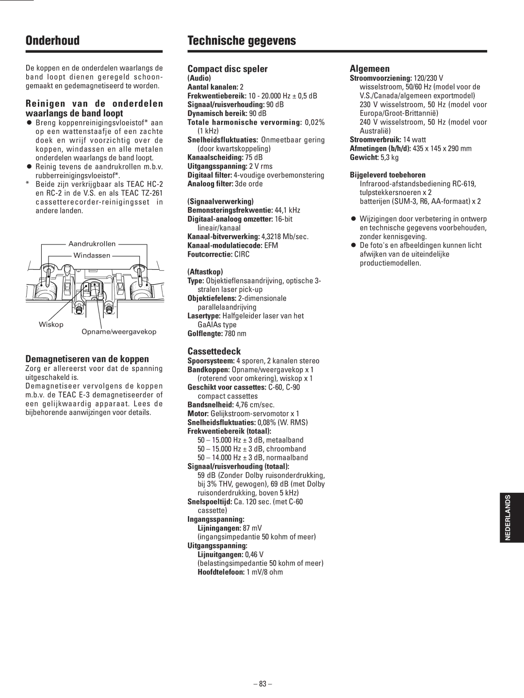 Teac AD-500 owner manual Onderhoud Technische gegevens 