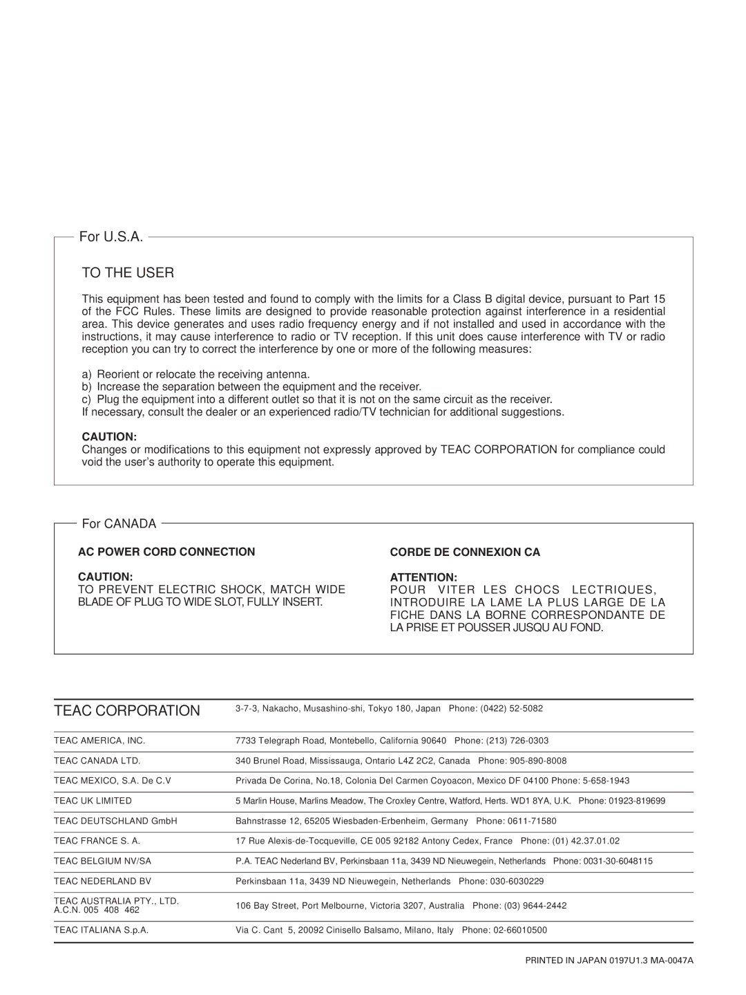 Teac AD-500 owner manual To the User 