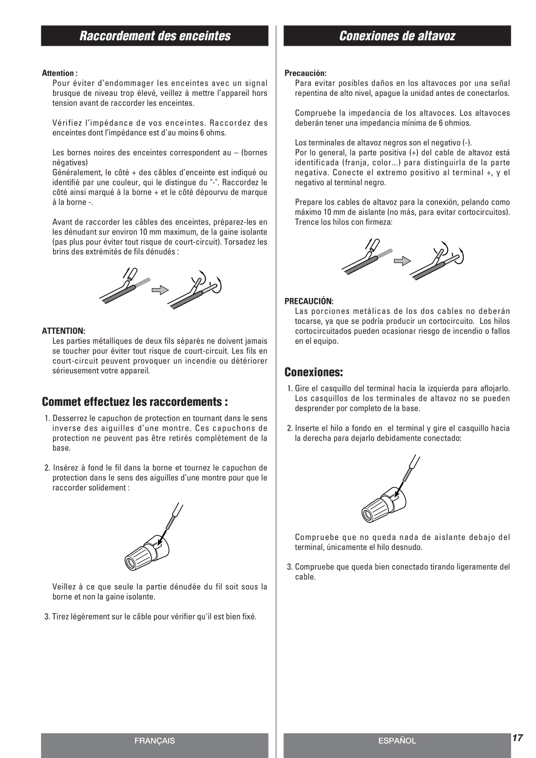 Teac AG-10DAV owner manual Raccordement des enceintes, Conexiones de altavoz, Commet effectuez les raccordements 