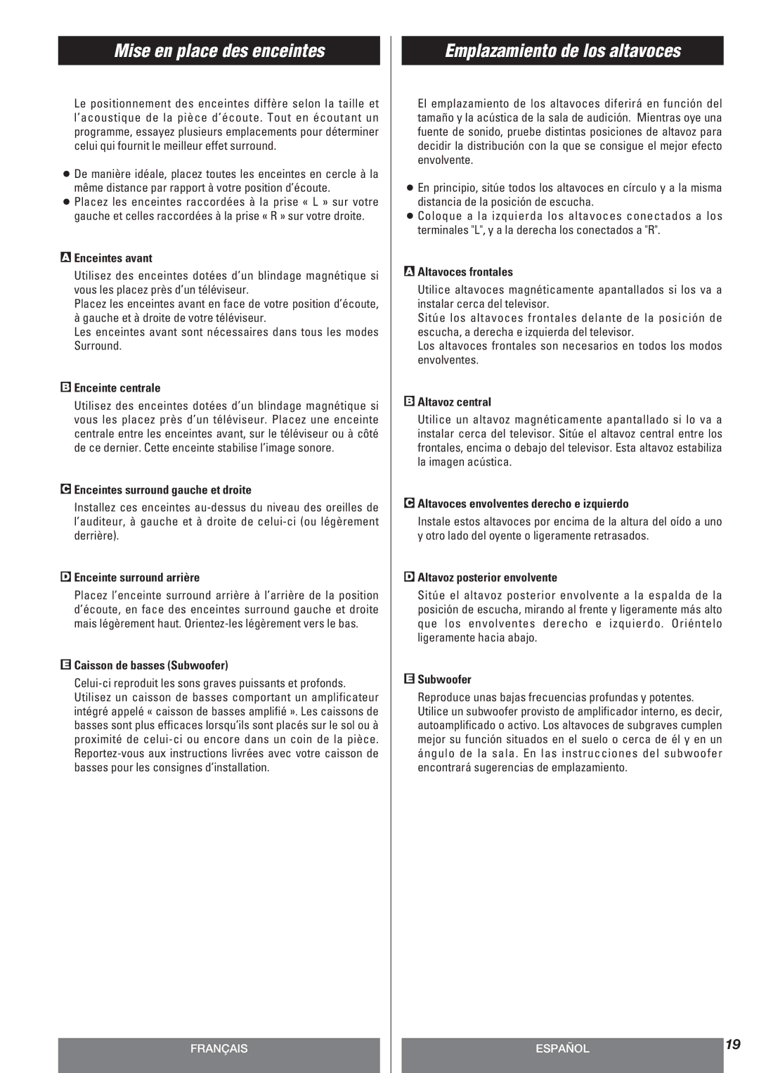 Teac AG-10DAV owner manual Mise en place des enceintes, Emplazamiento de los altavoces 