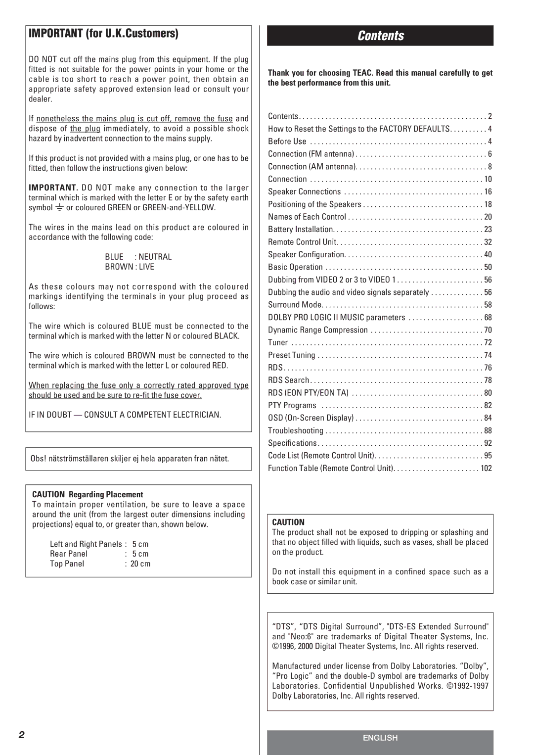 Teac AG-10DAV owner manual Contents 