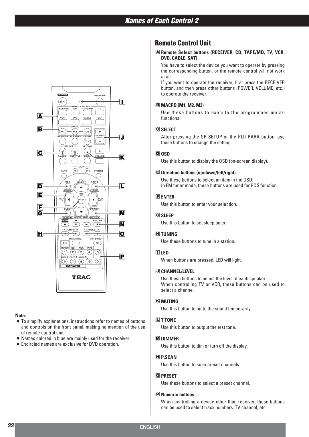 Teac AG-10DAV owner manual Macro M1, M2, M3, Direction buttons up/down/left/right, Numeric buttons 