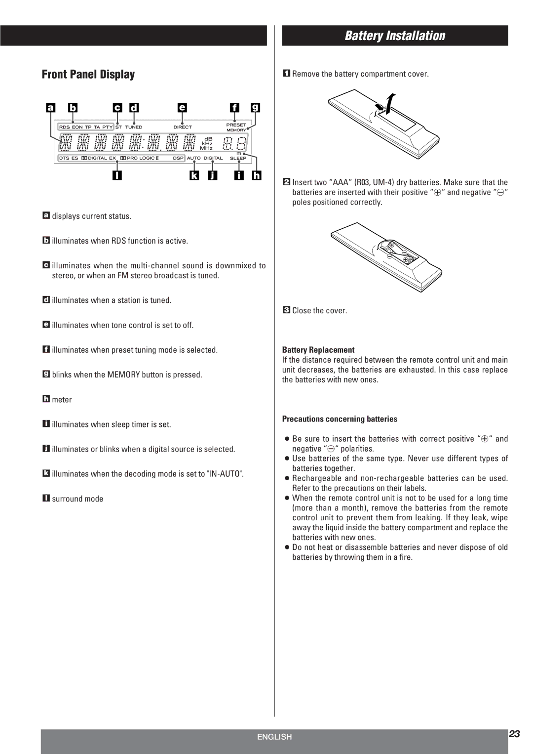 Teac AG-10DAV owner manual Battery Installation, Front Panel Display, Battery Replacement, Precautions concerning batteries 