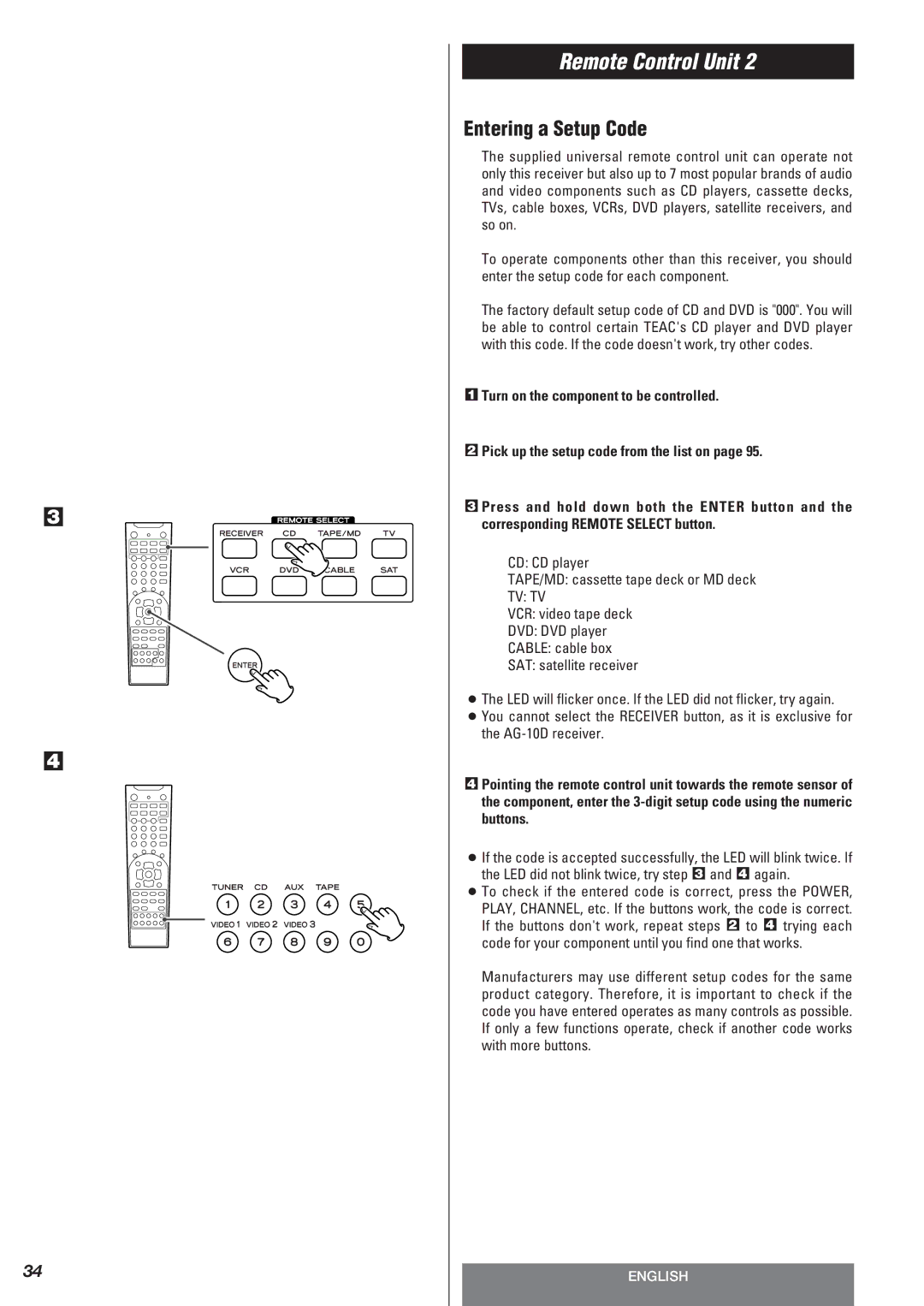 Teac AG-10DAV owner manual Entering a Setup Code, CD CD player TAPE/MD cassette tape deck or MD deck, Tv Tv 