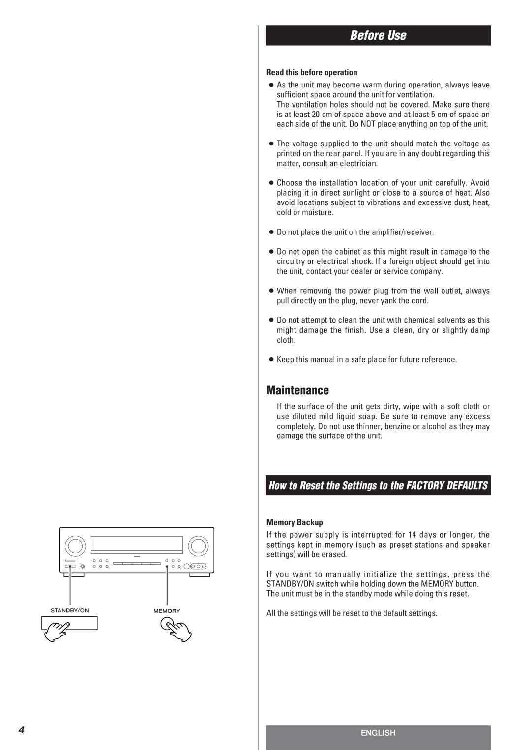 Teac AG-10DAV owner manual Before Use, Maintenance, Read this before operation, Memory Backup 