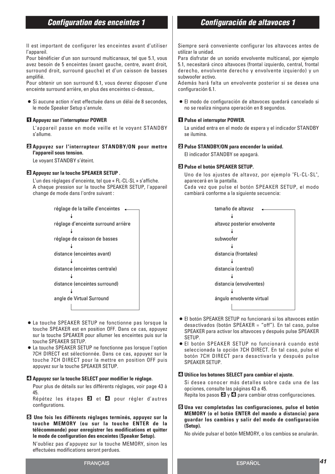 Teac AG-10DAV owner manual Configuration des enceintes, Configuración de altavoces 