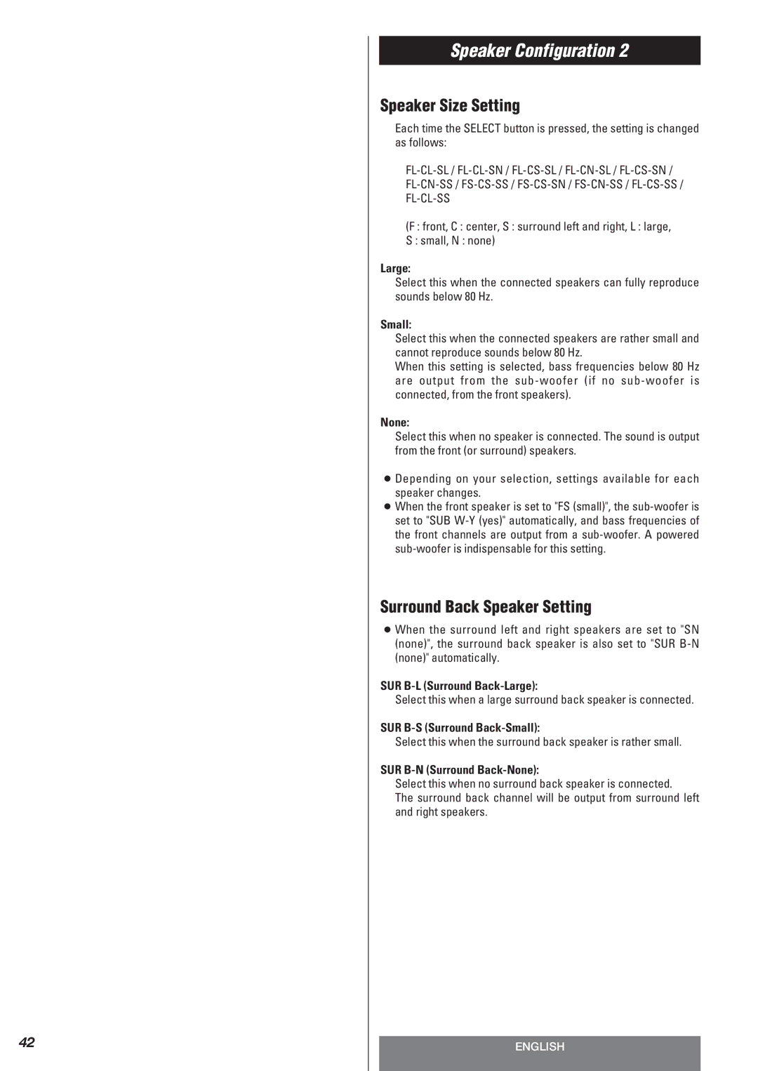 Teac AG-10DAV owner manual Speaker Size Setting, Surround Back Speaker Setting 