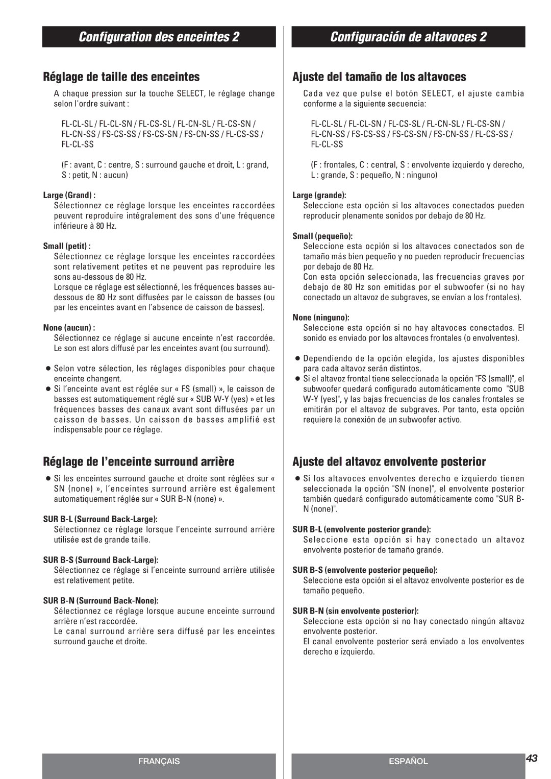 Teac AG-10DAV Réglage de taille des enceintes, Réglage de l’enceinte surround arrière, Ajuste del tamaño de los altavoces 