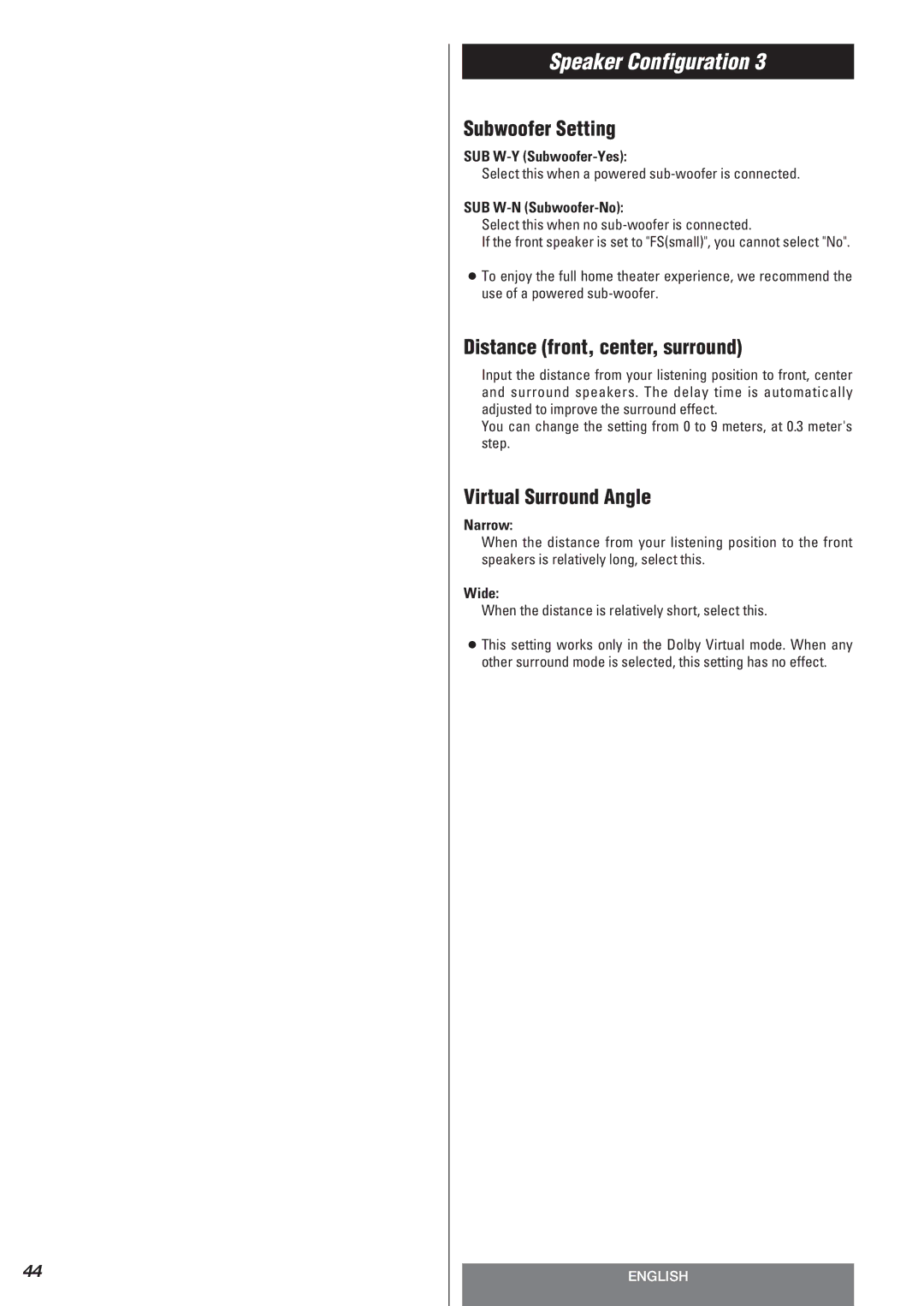 Teac AG-10DAV owner manual Subwoofer Setting, Distance front, center, surround, Virtual Surround Angle 