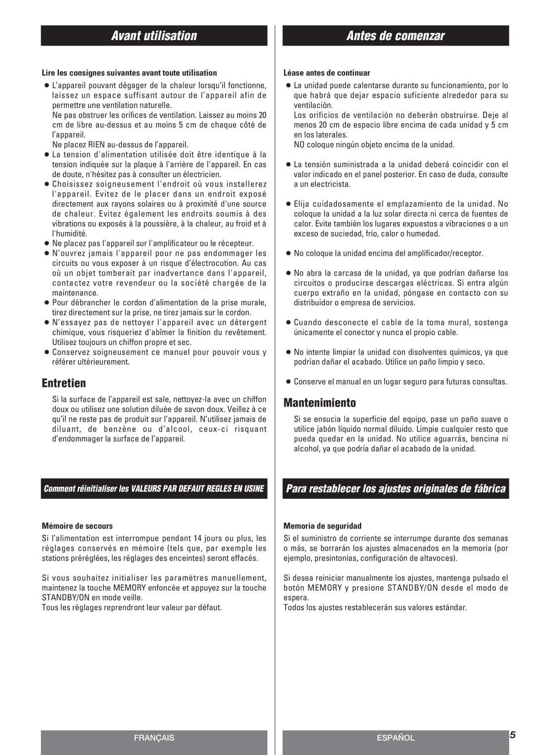 Teac AG-10DAV owner manual Avant utilisation, Antes de comenzar, Entretien, Mantenimiento 